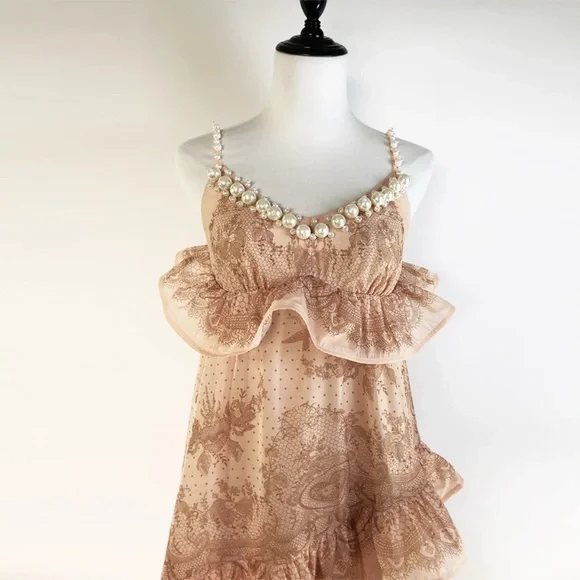 Stunning Designer Pink Chiffon Lace Pearl Maxi Dress